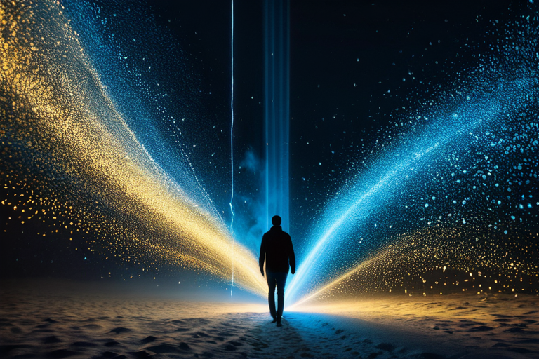 Person focusing on breath while surrounded by fading digital elements