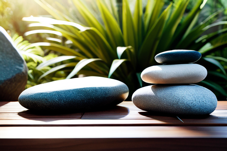 Serene meditation scene with natural elements and soft lighting