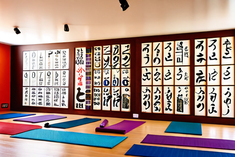 Yoga class showing multilingual instruction materials