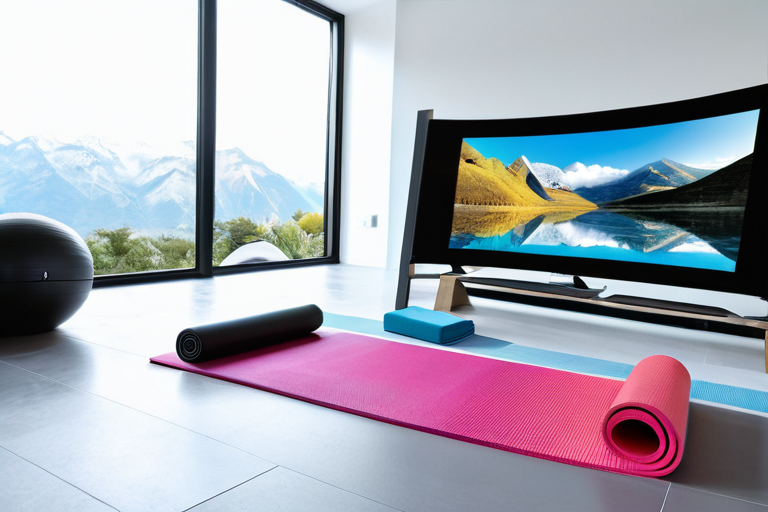 Modern workspace with yoga elements and digital interfaces