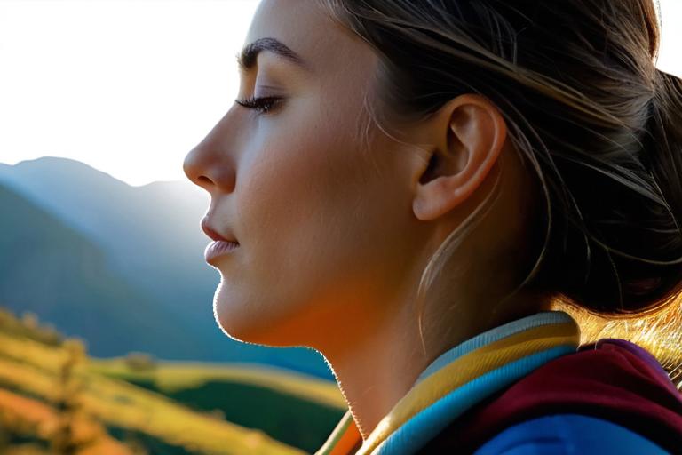 Person practicing alternate nostril breathing, side profile