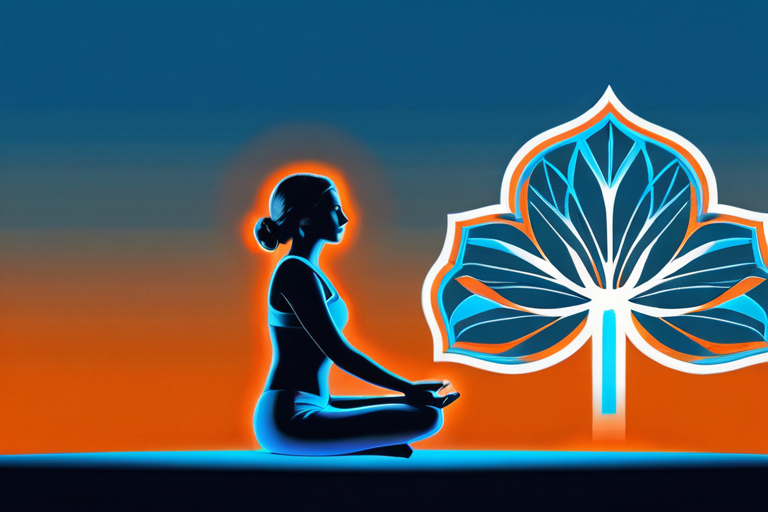 Yoga practitioner with brain scan overlay showing DMN deactivation