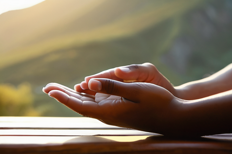 Close-up of hands in meditation position, soft lighting