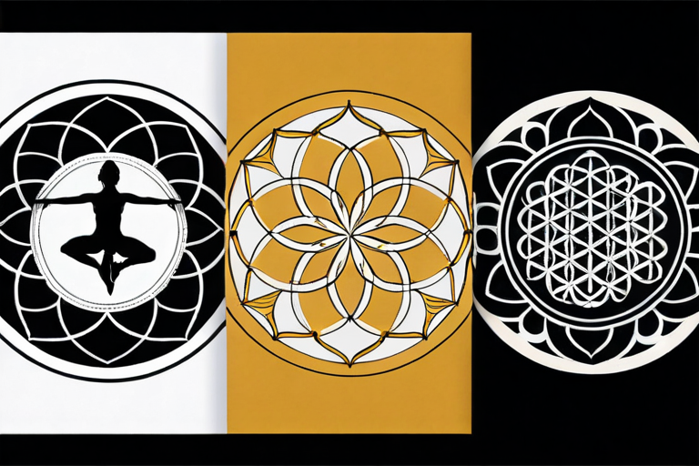 Sacred geometry patterns overlapping with yoga poses