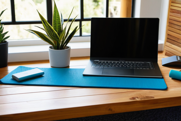 Balanced workspace with yoga mat and organized technology