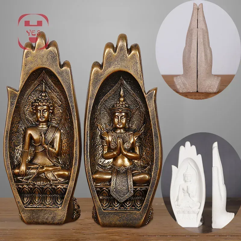 2 Pcs Resin Buddha Statue Monk Figurine Tathagata India Yoga Mandala Hands Sculptures